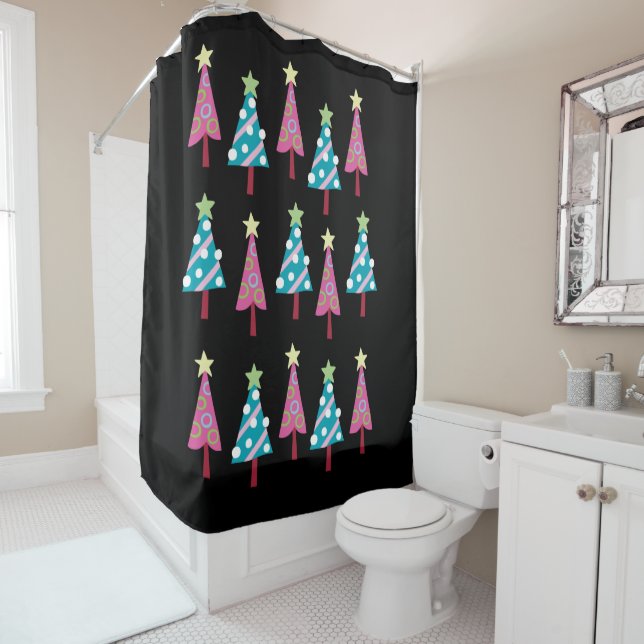 Christmas Trees Shower Curtain Pink & Blue  (In Situ)