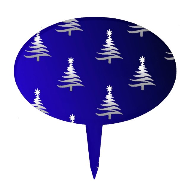 Christmas Trees Silver on Cobalt Blue Cake Topper (Front)