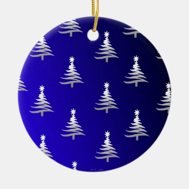 Christmas Trees Silver on Cobalt Blue Ceramic Ornament (Front)