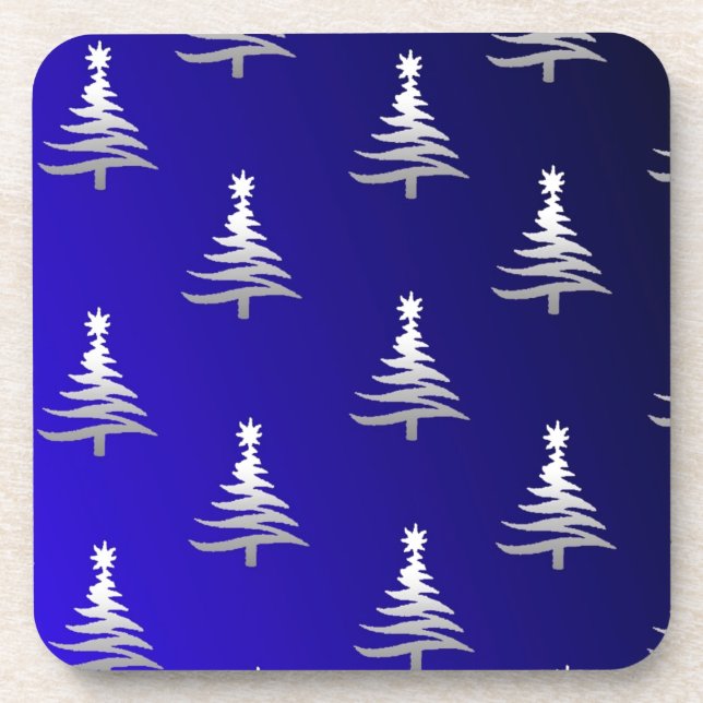 Christmas Trees Silver on Cobalt Blue Coaster (Front)