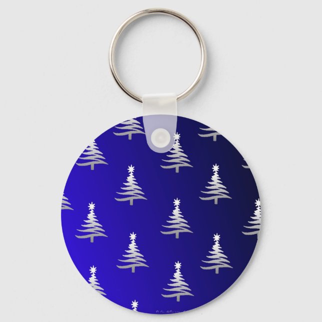 Christmas Trees Silver on Cobalt Blue Keychain (Front)