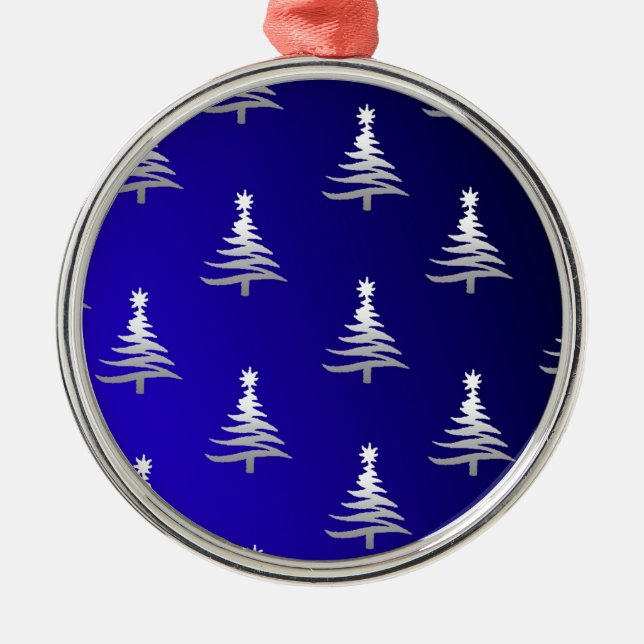 Christmas Trees Silver on Cobalt Blue Metal Ornament (Front)