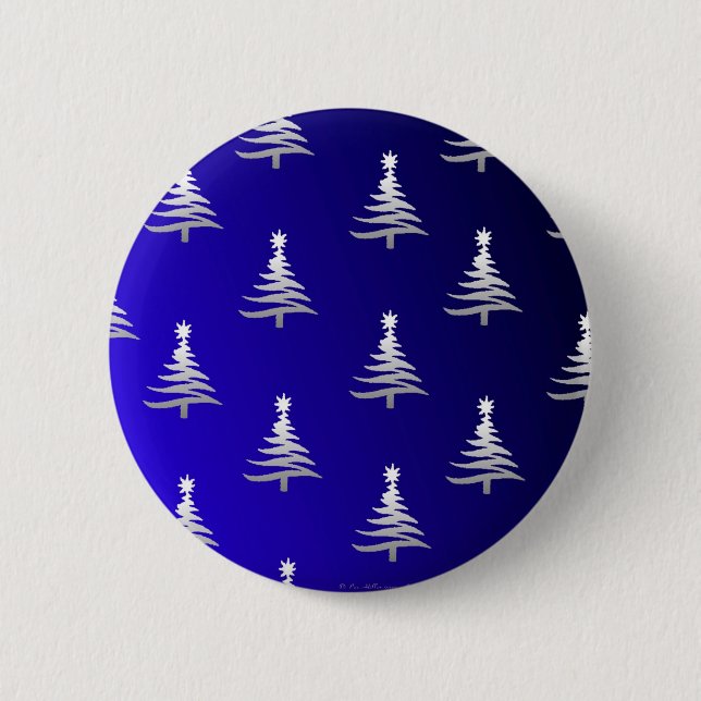 Christmas Trees Silver on Cobalt Blue Pinback Button (Front)