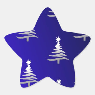 Christmas Trees Silver on Cobalt Blue Star Sticker