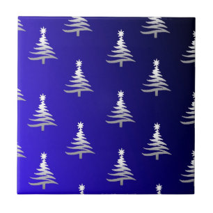 Christmas Trees Silver on Cobalt Blue Tile
