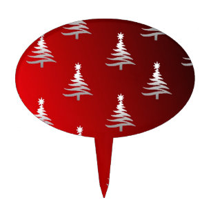 Christmas Trees Silver on Red Cake Topper