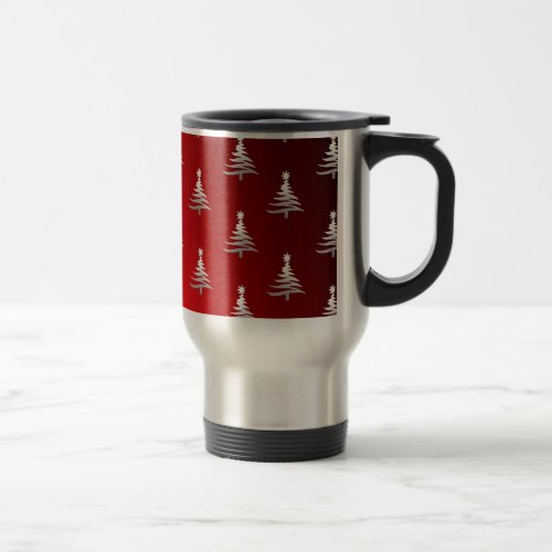 Christmas Trees Silver on Red Travel Mug