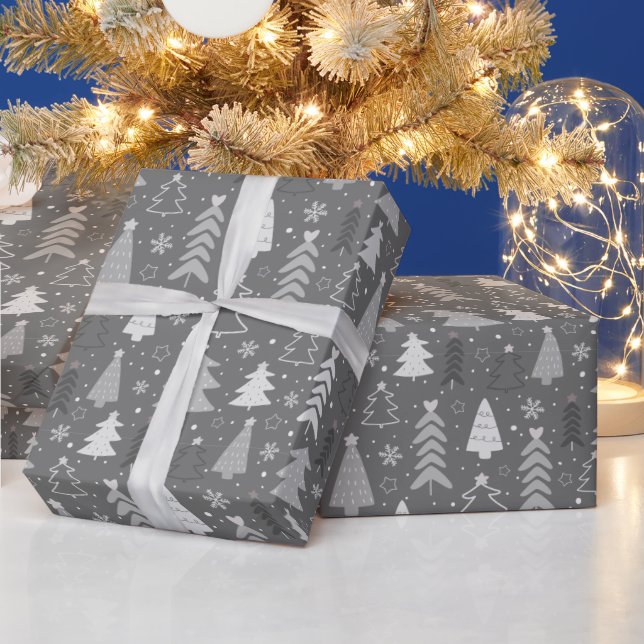 Christmas Trees Snowflake Gray and White Christmas Wrapping Paper (Holidays)