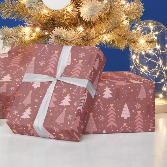 Christmas Trees Snowflake Rose Gold Pink Christmas Wrapping Paper (Holidays)