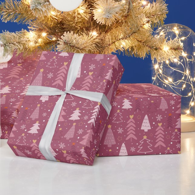Christmas Trees Snowflake Rose Gold Pink Christmas Wrapping Paper (Holidays)