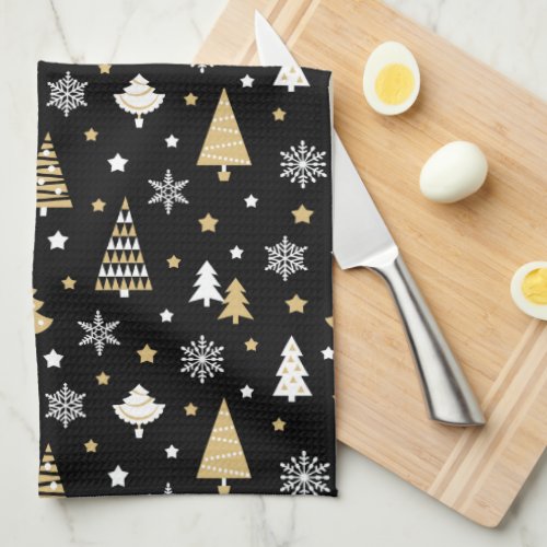 Christmas Trees  Snowflakes Black Kitchen Towel