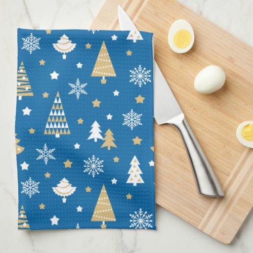 Christmas Trees  Snowflakes Blue Kitchen Towel
