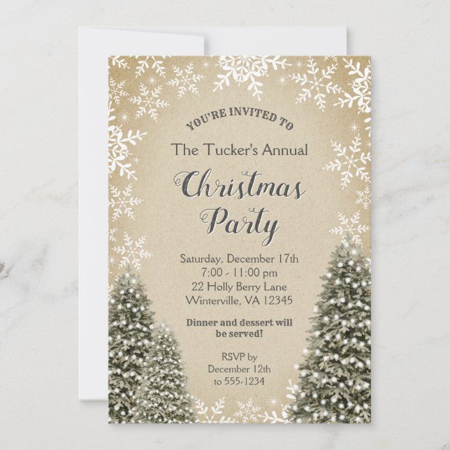 Christmas Trees Snowflakes Burlap Christmas Party Invitation (Front)