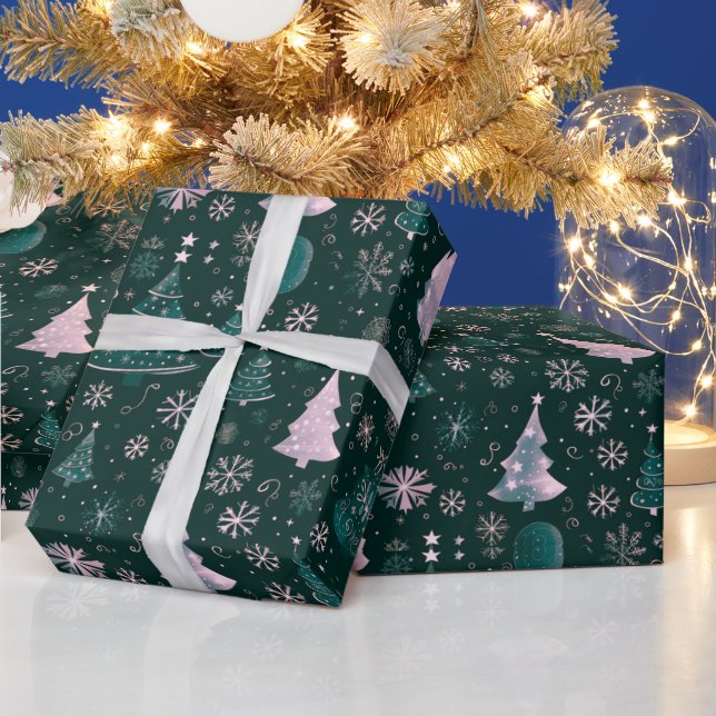 Christmas Trees Snowflakes Green Christmas Wrapping Paper (Holidays)
