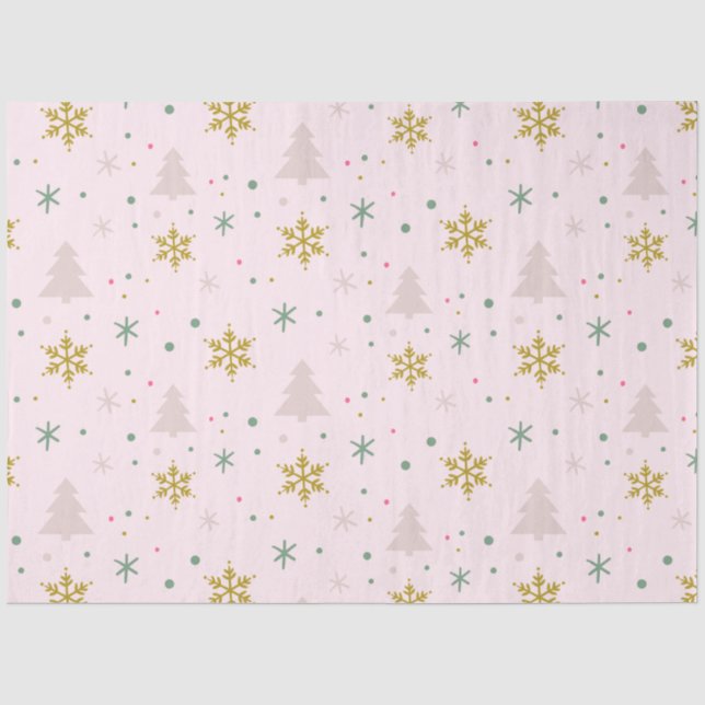 Christmas Trees Snowflakes Pink Gold Christmas Tissue Paper (Front)