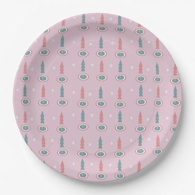 Christmas Trees Snowflakes Pink Green     Paper Plates (Front)