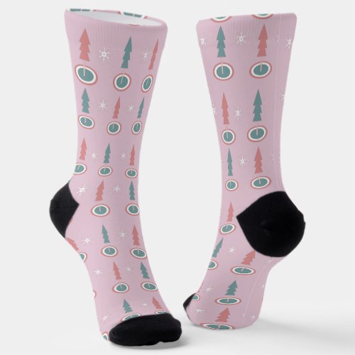 Christmas Trees Snowflakes Pink Green  Pattern Socks