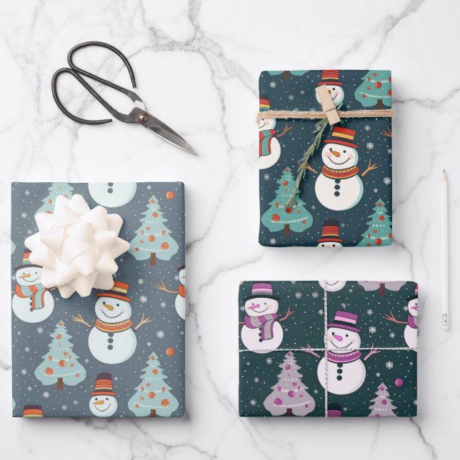 Christmas Trees Snowflakes Snowmen Christmas Wrapping Paper Sheets (Front)