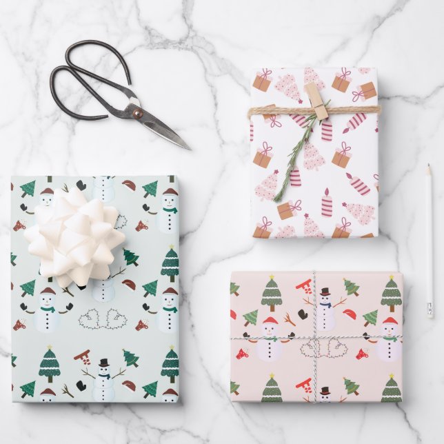 Christmas Trees Snowmen Candles Presents Christmas Wrapping Paper Sheets (Front)