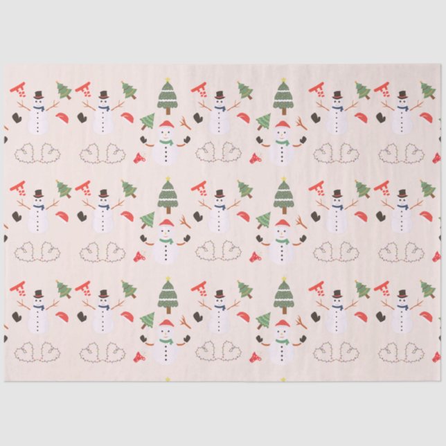 Christmas Trees Snowmen Hearts Peach Christmas Tissue Paper (Front)