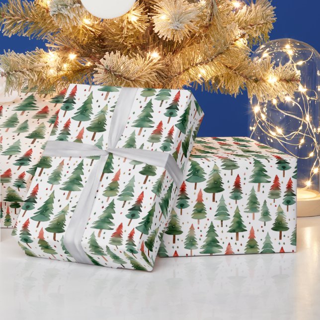 Christmas Trees Stars Red Green Gold Christmas Wrapping Paper (Holidays)