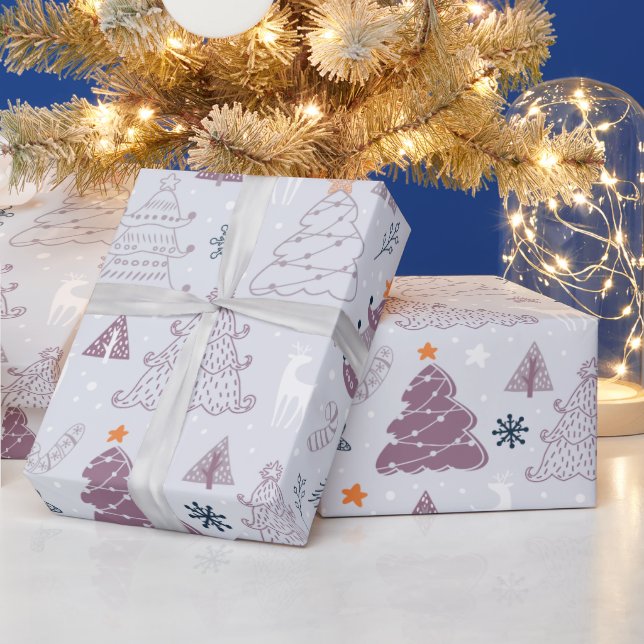 Christmas Trees Stars Snowflakes Gray Christmas Wrapping Paper (Holidays)