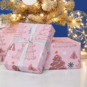 Christmas Trees Stars Snowflakes Pink Christmas Wrapping Paper