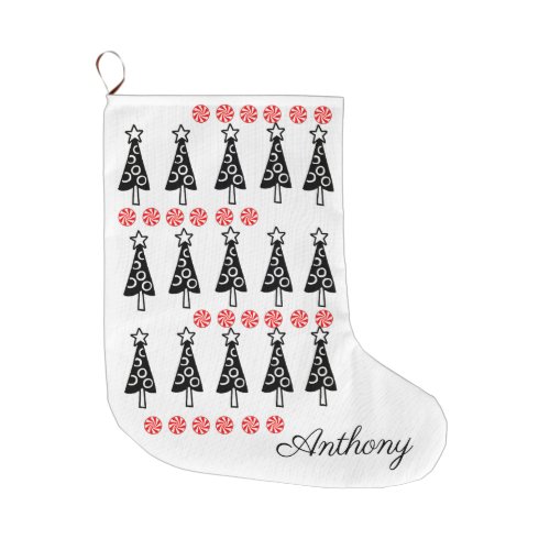 Christmas Trees Stocking Black  White Peppermint Large Christmas Stocking