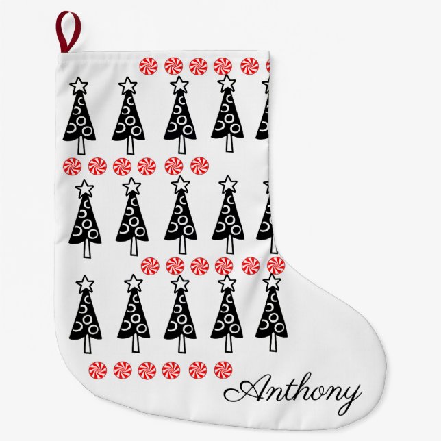 Christmas Trees Stocking, Black & White Peppermint Large Christmas Stocking (Front)