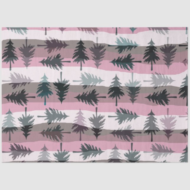 Christmas Trees Stripes Pink White Gray Christmas Tissue Paper (Front)