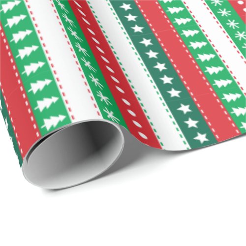 Christmas trees stripes red green white wrapping paper