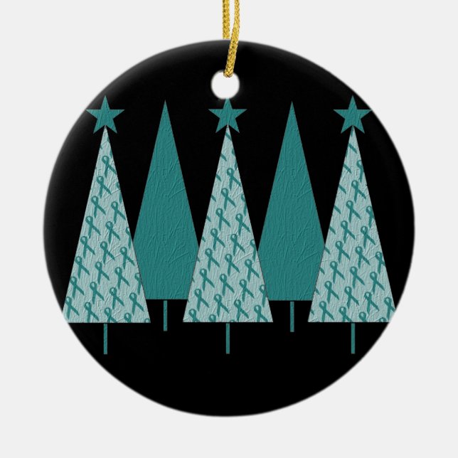 Christmas Trees - Teal Ribbon Ovarian Cancer Ceramic Ornament (Front)