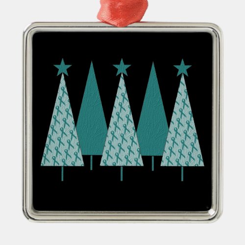 Christmas Trees _ Teal Ribbon Ovarian Cancer Metal Ornament