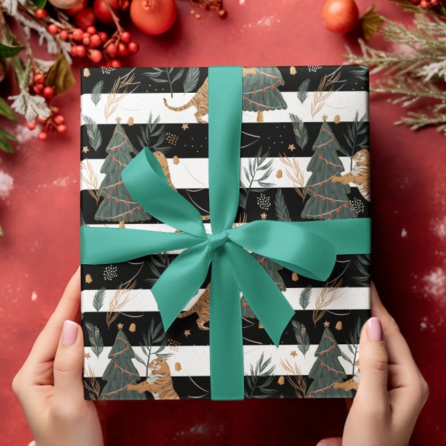 Christmas trees & tigers Black White Stripes Wrapping Paper (Creator Uploaded)