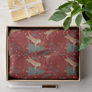 Christmas trees & tigers pattern bBrown background Tissue Paper