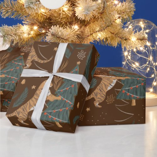 Christmas trees  tigers pattern brown background wrapping paper