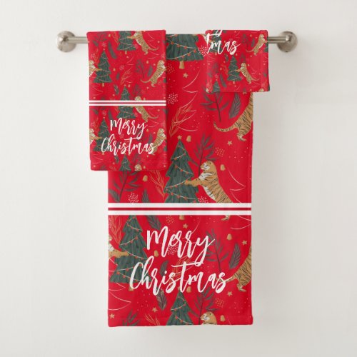 Christmas trees  tigers pattern custom background bath towel set