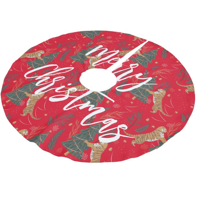 Christmas trees & tigers pattern custom background brushed polyester tree skirt (Angled)
