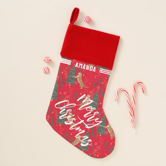 Christmas trees & tigers pattern custom background christmas stocking (Front)