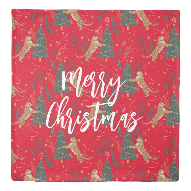 Christmas trees & tigers pattern custom background duvet cover (Front)