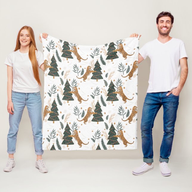 Christmas trees & tigers pattern custom background fleece blanket (In Situ)
