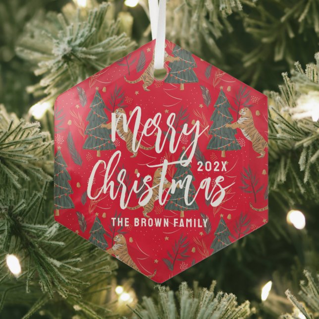 Christmas trees & tigers pattern custom background glass ornament (Insitu)