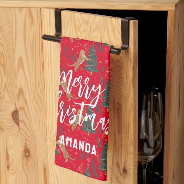 Christmas trees & tigers pattern custom background kitchen towel (Thirds Fold)