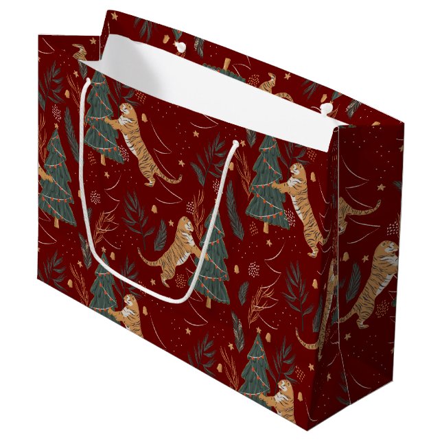 Christmas trees & tigers pattern custom background large gift bag (Front Angled)