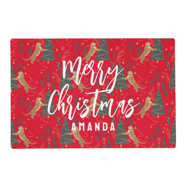 Christmas trees & tigers pattern custom background placemat (Front)