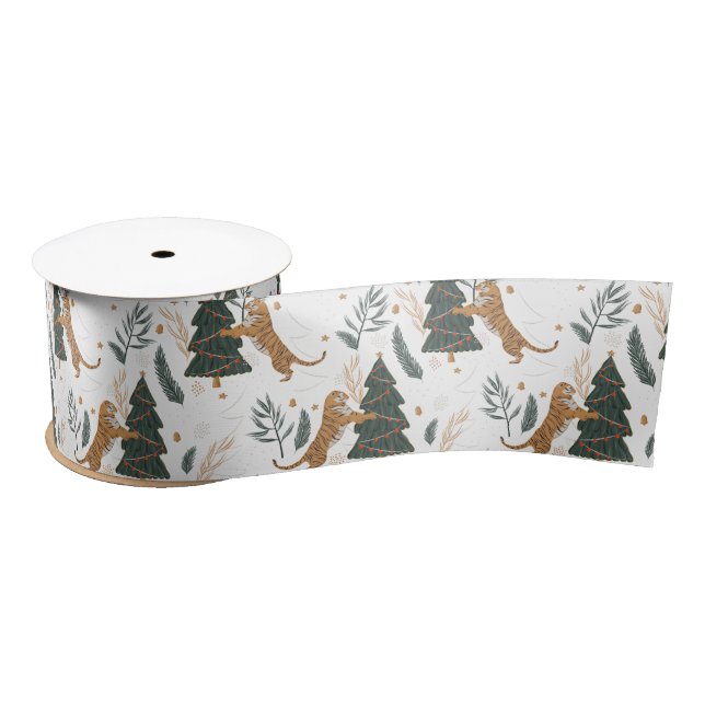 Christmas trees & tigers pattern custom background satin ribbon (Spool)