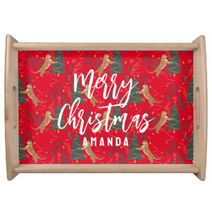Christmas trees & tigers pattern custom background serving tray