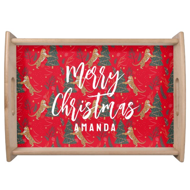 Christmas trees & tigers pattern custom background serving tray (Front)