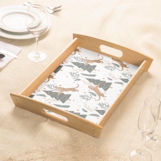 Christmas trees & tigers pattern custom background serving tray (Front)