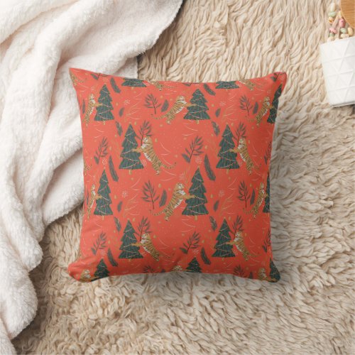 Christmas trees  tigers pattern custom background throw pillow